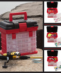 Grab And Go Portable Tool Box With Four Removable Drawers And Customizable Compartments Perfect For Hardware, Fishing Tackle, Beads, Or Crafts, Lightweight, Compact Red Organizer For Home, Garage, And On The Go on rocks