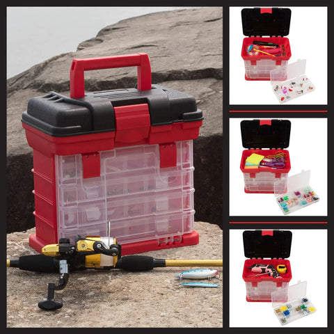 Grab And Go Portable Tool Box With Four Removable Drawers And Customizable Compartments Perfect For Hardware, Fishing Tackle, Beads, Or Crafts, Lightweight, Compact Red Organizer For Home, Garage, And On The Go on rocks