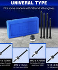 Long Reach Crank Pulley Underdrive Damper Installation Tool Kit showing 4 adapters, nut, and blue case for V8 V6 engines.