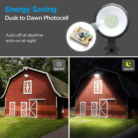 Hella Bright LED Barn Light 80W 120V Dusk To Dawn Outdoor Flood Lighting illuminating a red barn at night, showcasing photocell control.