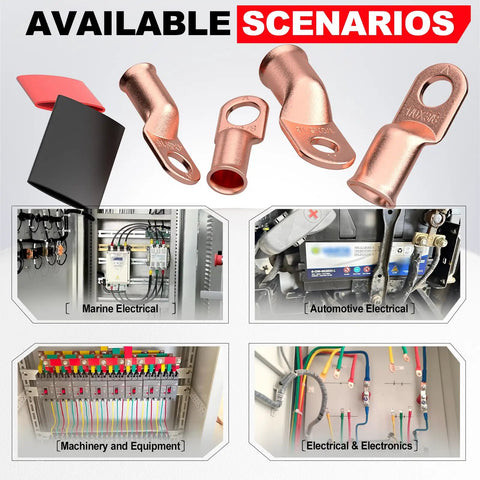 10 Pack One Zero AWG Battery Cable Lugs With Three Eighths Inch Stud Ring Terminals Copper Cable Ends Heat Shrink Dual Wall Tubes Heavy Duty Electrical Crimp Connectors For Car Boat Marine Wiring with application scenarios in electrical installations and automotive settings.
