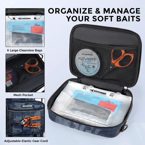 Interior of BaitSpace 50L Fishing Tackle Backpack with removable bait binder, showing clearview bags and tackle organization.