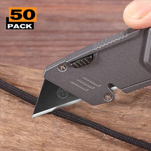 Close-up of utility knife cutting rope with blade from 50 Pack Utility Knife Blades With Blackened SK-5 Steel For Box Cutters.