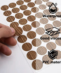 Slick Brown Screw Hole Cover Stickers 108 Piece Self Adhesive Round Caps displaying waterproof PVC material and good viscosity feature.