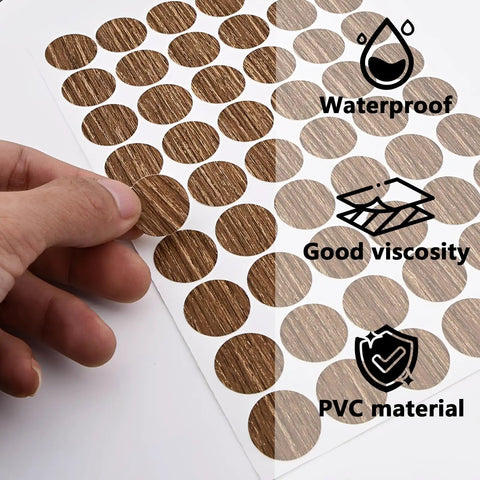 Slick Brown Screw Hole Cover Stickers 108 Piece Self Adhesive Round Caps displaying waterproof PVC material and good viscosity feature.