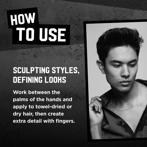 Image shows a man using Matte Separation Workable Hair Wax For Men With Beast Hold And Anti Humidity Travel Friendly 3 Pack Provides Definition Without Shine Strong Style Control Great For Frizz All Day Fresh Look, with instructions on defining looks.