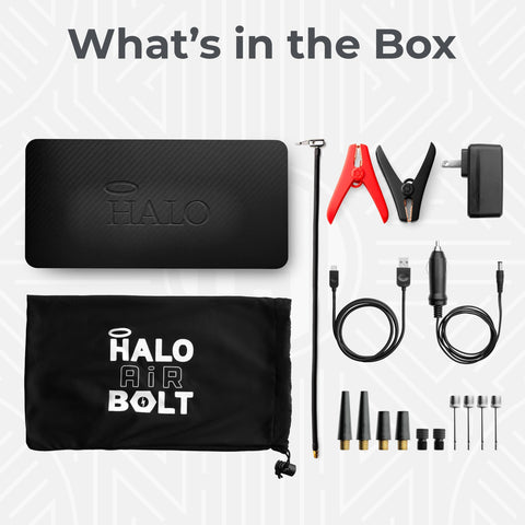 All In One Bolt Air 58830 Portable Car Jump Starter With 100 PSI Air Compressor components including cables and attachments