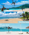 1080P HD FPV Foldable Drone performing 3D flips, one-key return, and altitude hold over a scenic beach setting