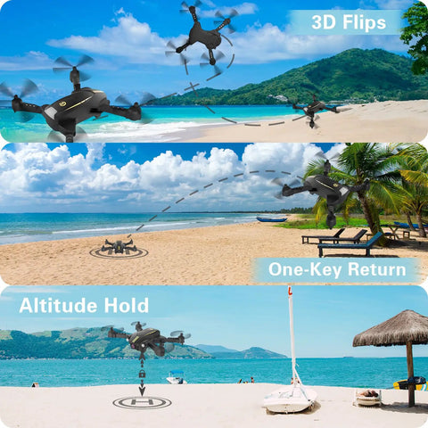 1080P HD FPV Foldable Drone performing 3D flips, one-key return, and altitude hold over a scenic beach setting