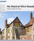 Digital Dimmer Light Switch For 300W Dimmable LED And CFL Lights, 600W Incandescent Or Halogen, Single Pole Or 3-Way Setup, Smooth Fade, UL Listed, Wall Plate Included, Matte White, 6 Pack shown with text 'No Neutral Wire Needed' and building background.