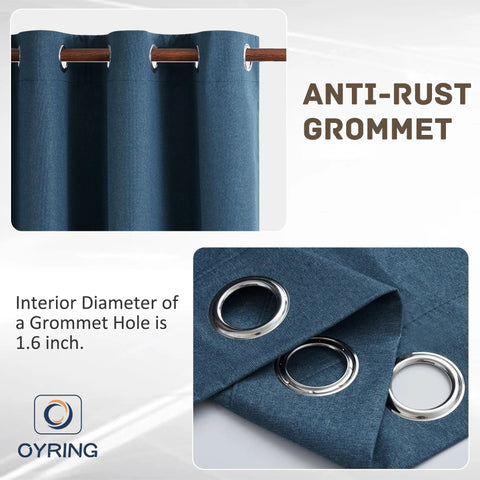 Dark Blue Blackout Linen Textured Curtains Set for Living Room and Bedroom, Lightweight Grommet Top Panels, detail view