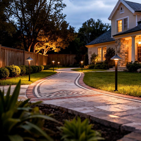 Low Voltage LED Pathway Lights 6 Pack Outdoor Landscape Lighting 40 Lumen 2700K Warm White Weatherproof Garden Path Kit glowing along walkway