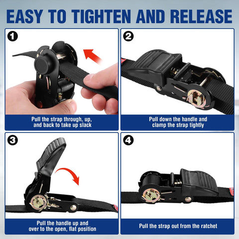 Steps to use Beefy Heavy Duty Ratchet Straps 1 Inch By 15 Feet, 1650 Lbs Break Strength, 4 Pack With Soft Loops.