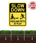 Slow Down Kids And Pets At Play Sign 2 Pack with Metal Stakes Double Sided 16 By 12 Inch Corrugated Plastic Yard Signs