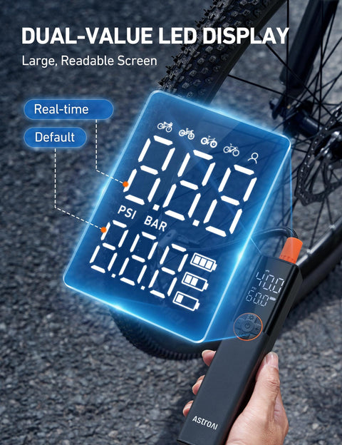 L8 Electric Bike Pump Portable Tire Inflator with digital pressure gauge display near bike tire.