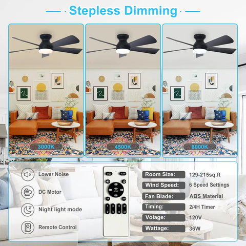 Cool 42 Inch Black Ceiling Fan With Light For Indoor And Outdoor Use Dimmable LED Remote Control Flush Mount Low Profile Design 6 Speeds Timer