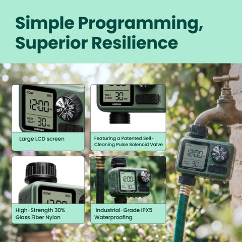 Programmable Garden Hose Sprinkler Timer With One Or Two Outlet Controller Self Cleaning Valve, large dial, IPX5 weatherproof
