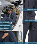 Heavy Duty Poly Cotton Twill Coverall In Dark Navy With Alpha Fit Snag Resistant Trims, featuring utility pockets and zippered leg openings.