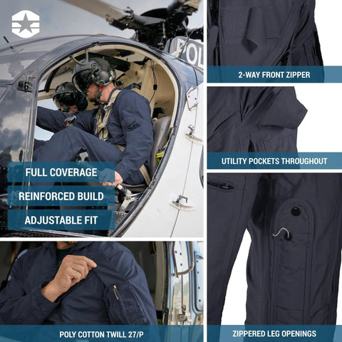 Heavy Duty Poly Cotton Twill Coverall In Dark Navy With Alpha Fit Snag Resistant Trims, featuring utility pockets and zippered leg openings.