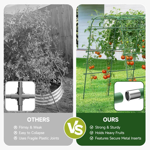 Comparison of a weak trellis with fragile joints versus a Big Garden Arch Trellis For Climbing Plants 63 Inch Long 68 Inch Wide 76 Inch High Heavy Duty Metal Cucumber Tomato Vine Support With Rustproof Frame Includes Nylon Netting And Gloves For Raised Beds And Veggie Gardens featuring strong metal inserts and sturdy support.