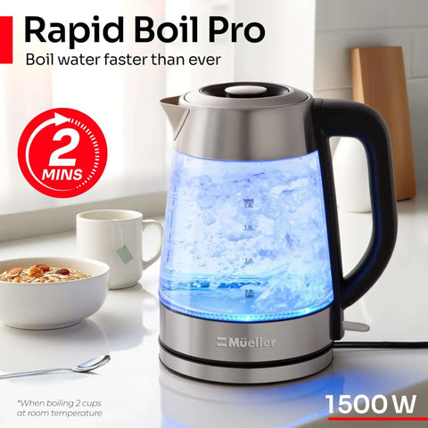 Rapid Boil Electric Tea Kettle 1.8L With Borosilicate Glass And Stainless Steel BPA Free LED Indicator Light Auto Shut Off Boil Dry Protection 1500W Fast Water Heater For Home Kitchen No More Microwave next to breakfast bowls.