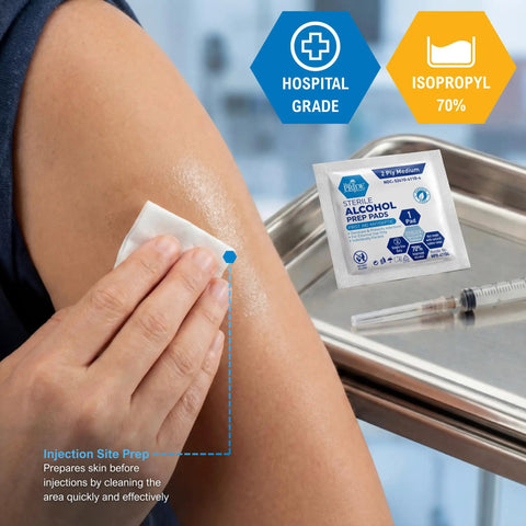 Alcohol Prep Pads 70 Percent Isopropyl, 2-Ply Sterile, Individually Wrapped, 200 Count Go-To First Aid Pack For Wound Cleaning, Skin Preparation, Injections, Medical Use on arm