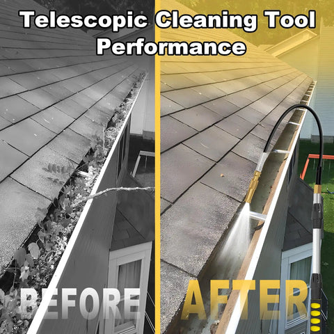 Before and after of 20ft Reach Telescopic Gutter Cleaning Tool With Garden Hose Attachment And Bendable Sprayer Wand No Ladder Needed Safe From The Ground Adjustable Angled Spray Head For Hard To Reach Second Story Gutters