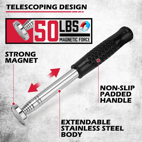 Extendable telescoping magnetic pickup tool with non-slip grip for 36 Inch Rolling Magnetic Sweeper With 40 Inch Telescoping Magnetic Pickup Tool, Magnetic Trays, 55 Pound Capacity, Nail, Screws, and Metal Debris Cleanup for Workshop, Garage, and Yard, Heavy Duty Magnetic Sweepers Set (3 Pack)