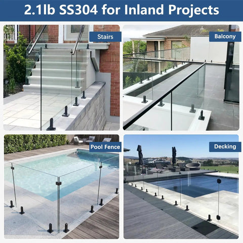 Frameless Glass Railing Spigots 304 Stainless Steel Matte Black Two Pack Fits Ten Millimeter Twelve Millimeter Three Eighths Inch And One Half Inch Glass For Pool Fences And Railings installed on stairs, balcony, pool fence and decking