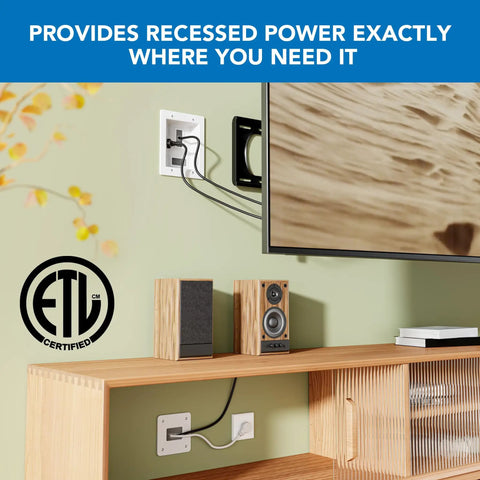 In Wall TV Cable Concealer Kit With Recessed Power Triple Outlet 9 Ft Cord And Hand Saw For Easy Safe Cable Management installed behind wall