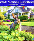 Rabbit in garden near house, showcasing Ready-To-Use Bunny-Proof Outdoor Rabbit Repellent Spray With Mint Scent, Safe for People Pets and Plants.