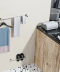 Wall-mounted chrome stainless steel towel bars with hanging towels, shown in bathroom with focus on 2 Pack Adjustable Single Bath Towel Bars 16 To 27 Point 6 Inches Chrome Finished Stainless Steel Towel Holder Hanger Wall Mounted Towel Rail For Bathroom Kitchen Washroom 1 Inch Tubes Quick Dry And Space Saving.