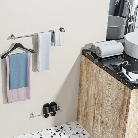 Wall-mounted chrome stainless steel towel bars with hanging towels, shown in bathroom with focus on 2 Pack Adjustable Single Bath Towel Bars 16 To 27 Point 6 Inches Chrome Finished Stainless Steel Towel Holder Hanger Wall Mounted Towel Rail For Bathroom Kitchen Washroom 1 Inch Tubes Quick Dry And Space Saving.
