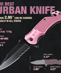 Pink Pocket Knife For Women Self Defense 2.95 Inch Serrated Folding Blade with details on weight and length.