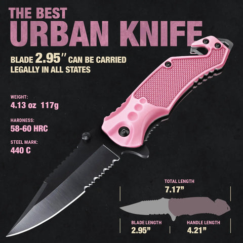 Pink Pocket Knife For Women Self Defense 2.95 Inch Serrated Folding Blade with details on weight and length.