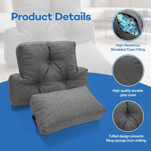 Recliner Neck And Lumbar Pillow Set With Shredded Foam Fill, shown with tufted design and high-quality gray cover
