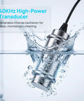 Straight Up Powerful 120W Ultrasonic Cleaner With Stainless Steel Tank And 5 Minute Timer, submerged 40KHz transducer in water.