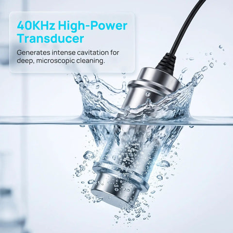 Straight Up Powerful 120W Ultrasonic Cleaner With Stainless Steel Tank And 5 Minute Timer, submerged 40KHz transducer in water.