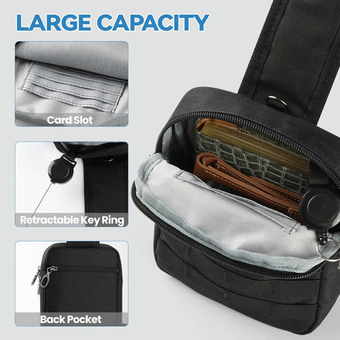 Anti Theft Crossbody Sling Bag With Lockable Zipper And RFID Blocking Pocket showing card slot, key ring, and back pocket