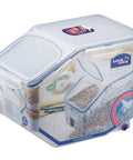 Heavy Duty Bulk Food Storage Containers With Smooth Rolling Wheels And Snap Tight Lids, 50 Cup Dry Goods Pantry Bin With Measuring Cup, clear plastic design
