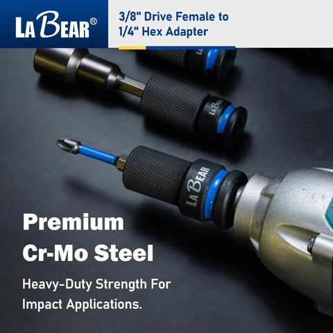 Close-up of Three Eighths Inch Square Drive To One Quarter Inch Hex Converter with CrMo Steel Quick Release Chuck in impact drill.