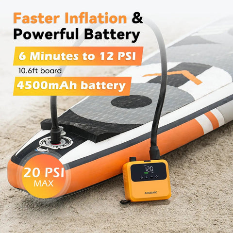Mini Paddle Board Pump Pulse Pro inflating orange stand-up paddle board on sand, featuring 4500mAh battery, 20 PSI max.