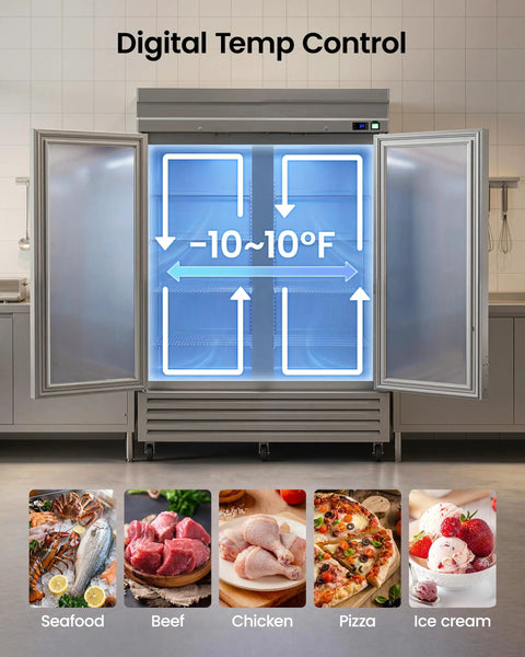 Commercial Reach In Freezer 42 Cubic Foot Upright 54 Inch Wide showing digital temp control for efficient food storage.