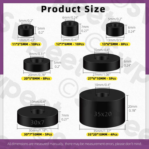 Must Have 50 Piece Round Rubber Spacer Kit in 7 Sizes for Anti Vibration Neoprene Grommets Thick Black Washers with sizes displayed