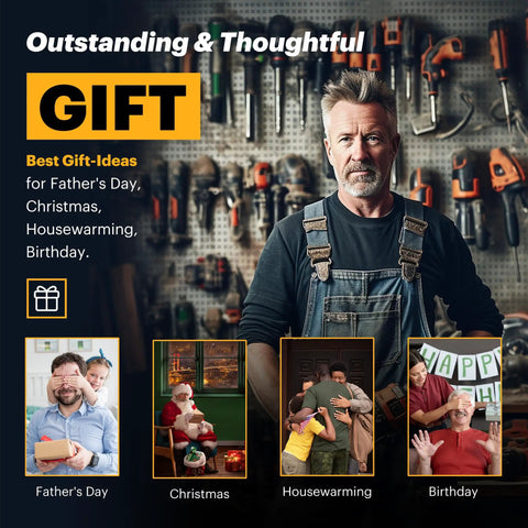 Outstanding gift ideas for Father's Day, Christmas, Housewarming, Birthday with tools in background.
