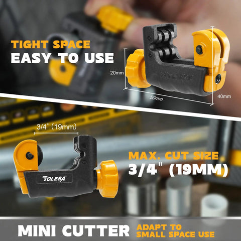 Close-up of Heavy Duty Mini Pipe Cutter Tool One Eighth Inch To Two Inch With Deburring Reamer, features tight space design.