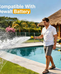 Man using Brushless Cordless Stick Water Transfer Pump Go-To For 20V Max Battery Power 780 GPH by a poolside