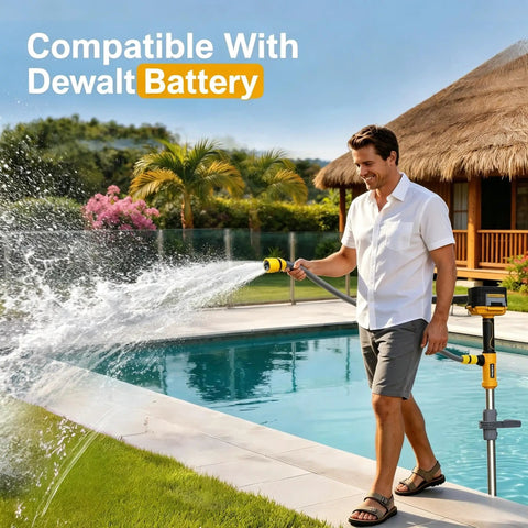 Man using Brushless Cordless Stick Water Transfer Pump Go-To For 20V Max Battery Power 780 GPH by a poolside