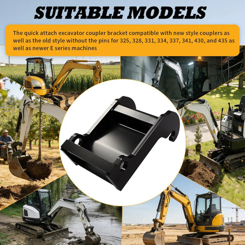 Quick Attach X Change Excavator Coupler Bracket For E Series And Mini Excavators With Bucket Mount Attachment, shown in black coated steel