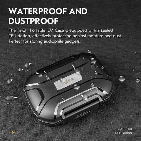 Fly InEar Monitor Case With Hella Protective Sealed Shell Portable Earbud And Iem Cable Travel Organizer Waterproof Earphone Storage Box For Kz Zs Series Audiophile Gear Keep Your Setup Locked Down Black with water droplets on surface.